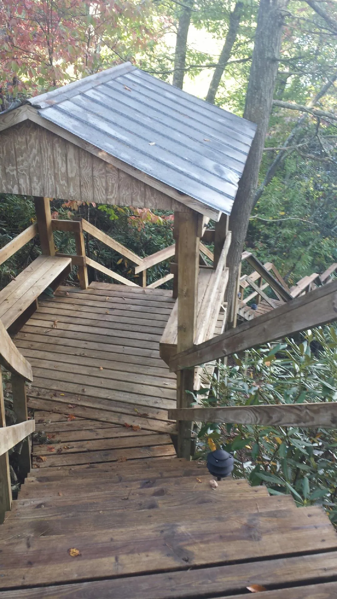 Metal roofed shelter over wooden steps on a wooded walkway — Skylight Repair & Installation work by our crew in Tieton